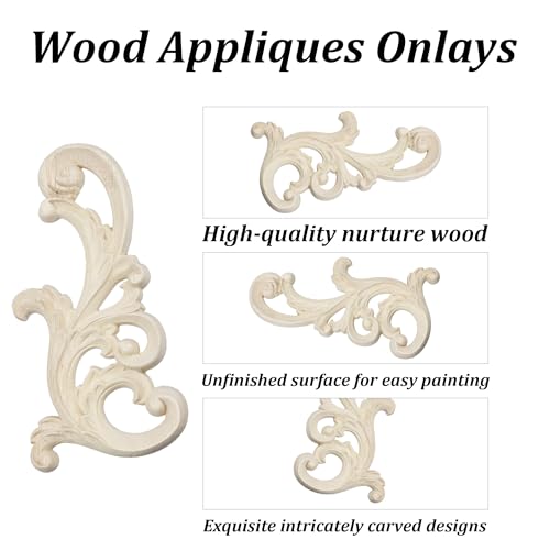 2Pcs Unpainted Wood Carved Onlay Appliques, 7.9"x3.9" Wooden Decor Funiture Decal Corner Sticker for Furniture Door Cabinet