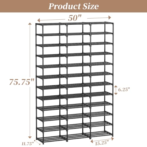 Shoe Rack Large Capacity 72 Pairs Tall Shoe Shelf, 3 Row 12 Tiers Sturdy Metal Shoe Organizer for Entryway, Closet, Bedroom,