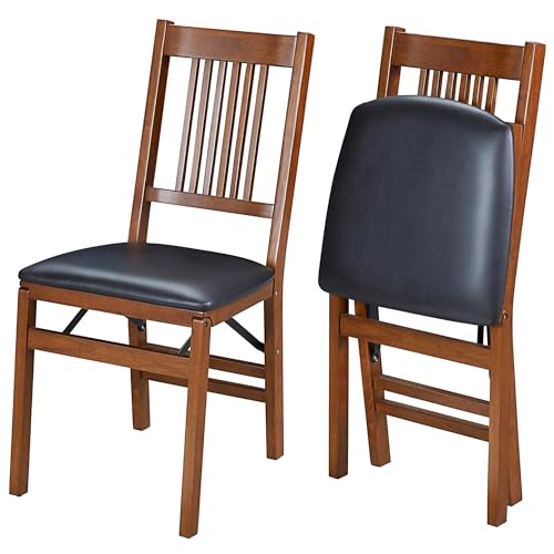 Stakmore True Mission Wooden Folding Chairs with Padded Seats, Set of 2 - No Assembly Foldable Dining Chairs, Steel Folding