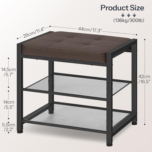 Small Shoe Bench, 3-Tier Shoe Rack, Shoe Storage Bench with PU Seat Cushion, Entryway Shoe Rack Bench with Metal Mesh Shelves,