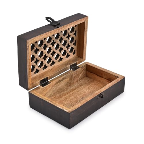 Mango Wood Decorative Wooden Box with Hinged Lid Ideal for Keepsakes, Trinkets, Jewelry and Other Stash (8" x 5" x 3")