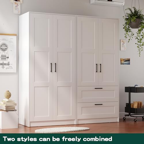 Fddevelop Wood White Wardrobe Closet with 2 Doors，Bedroom Freestanding Armoire Storage Cabinet with Shelves，Wooden Wardrobe