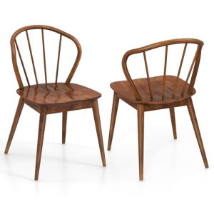 Wooden Dining Chairs Set of 2, Windsor Kitchen Chairs w/High Spindle Back & Rubber Wood Legs, Wide Seat & Curved Backrest,