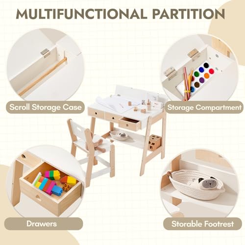 Kids Wooden Table and Chair Set, Study Desk and Chair Set with Storage Drawer, White Learning Table with Cabinets for Boys and
