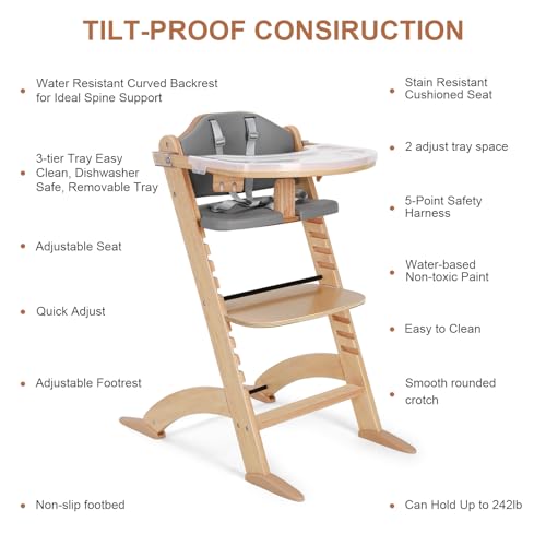 New Upgrade 3-in-1 Convertible Wooden High Chair for Babies & Toddlers 10 Levels Adjustable 3-Tier Remove & 2 Adjustable Wood