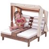 Wooden Outdoor Double Chaise Lounge with Cup Holders, Patio Furniture for Kids or Pets, Espresso with Oatmeal and White Striped