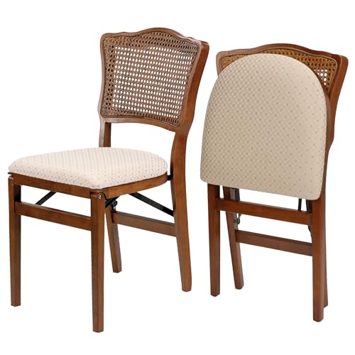 Stakmore French Cane Wooden Folding Chairs with Padded Seats, Set of 2 - No Assembly Foldable Dining Chairs, Steel Folding