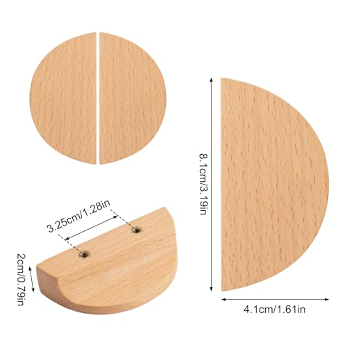Half Moon Drawer Handles, 4PCS Wooden Semi Circle Pulls Beech Wood Wardrobe Hardware Double Hole Handle for Cabinet Door