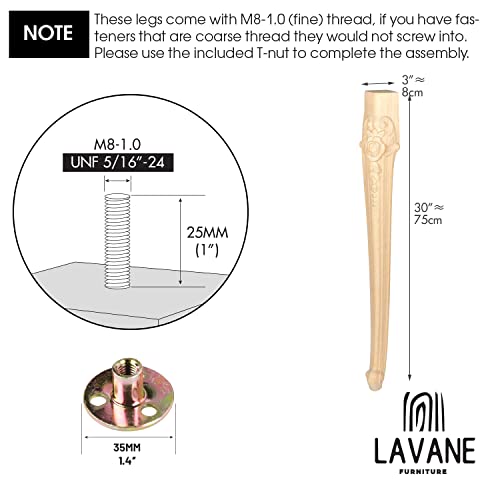 30 inch / 75cm Wooden Furniture Legs, Set of 4 European Style Solid Wood Carving Unfinished Furniture Replacement Feet