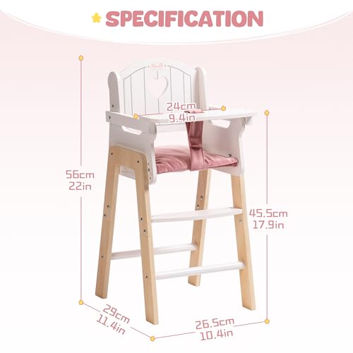 Wooden Baby Doll High Chair, Pink Wooden Baby Doll Chair for 18 Inch Dolls, Pretend Play High Chair Baby Doll Accessories, Small