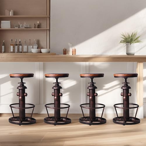 Vintage Swivel Bar Stool Industrial Coffee Kitchen Dining Chair Fire Hydrant Design Height Adjustable 24.8-30.7inch Solid Wooden