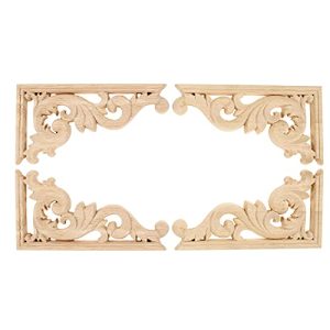 Wood Carved Appliques Corners Onlay, 2-Pair Unpainted Vintage Wooden Carvings Decals for Cabinet Mirror Mantel Fireplace Wall