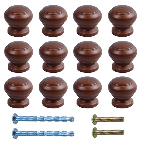 12Pcs 1" Round Wooden Drawer Knobs, Finished Mushroom Shape Cabinet Pulls Handles, Natural Wood Dresser Knobs for Kitchen