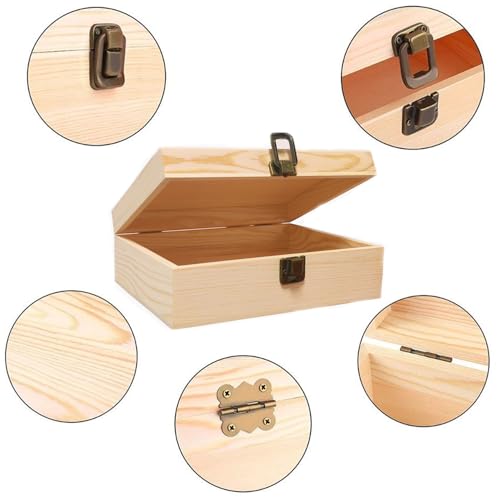 Wooden Box with Hinged Lid - 8x6x3 Inch Natural Gift Box for Craft DIY Jewelry Boxes - Small Reusable Storage for Home Decor Art