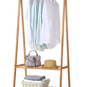 Bamboo Clothes Rack Portable Extra Large Garment Rack 2-Tire Storage Box Shelves For Entryway and Bed Room Patented Design