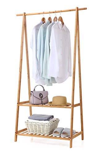 Bamboo Clothes Rack Portable Extra Large Garment Rack 2-Tire Storage Box Shelves For Entryway and Bed Room Patented Design