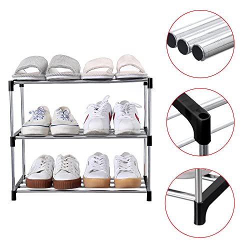 Stackable Small Shoe Rack, Entryway, Hallway and Closet Space Saving Storage and Organization (3-Tier, Black)