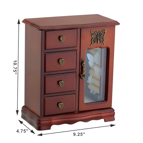 Solid Wooden Jewelry Box Makeup and Organizer Women Ring Storage with 4-Drawers Built-in Necklace Carousel and Mirror Brown