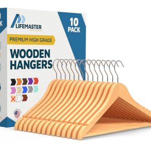 Wooden Clothes Hangers – with 360 Degree Swivel Hook and Non-Slip Shoulder Notch, Holds Up to 10 lbs, Pants Bar Design,