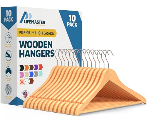 Wooden Clothes Hangers – with 360 Degree Swivel Hook and Non-Slip Shoulder Notch, Holds Up to 10 lbs, Pants Bar Design,