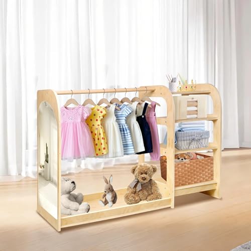 Kids' Dress Up Storage Closet with Mirror, 31.5 Inch Kids Wardrobe Closet with Shelves for Girls and Boys, Wooden Costume
