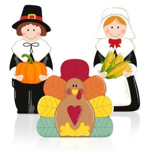 3 Pcs Thanksgiving Pilgrim Boy Girl and Turkey Tabletop Decoration Fall Wooden Turkey Pilgrim Couple Table Centerpieces Autumn