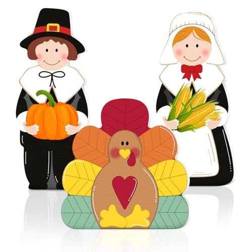 3 Pcs Thanksgiving Pilgrim Boy Girl and Turkey Tabletop Decoration Fall Wooden Turkey Pilgrim Couple Table Centerpieces Autumn