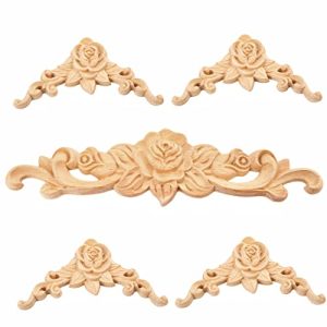 Wood Rose Appliques Onlays Set, 5-Pack Unpainted Decorative Carved Decals for Bed Door Cabinet Wardrobe Mantel Ceiling Wall