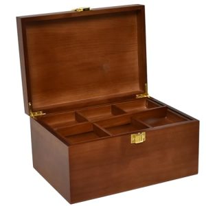 Wooden Decorative Keepsakes Storage Box with Hinged Lid, Adjustable Tray and Divider