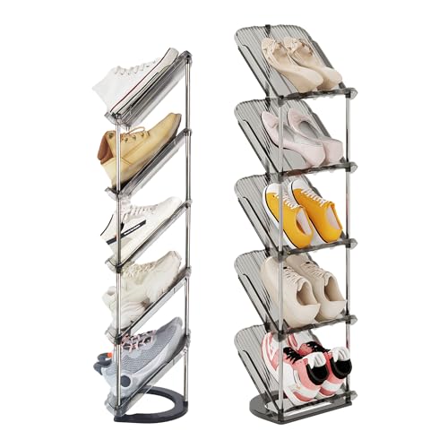 2 Pack Sloping Narrow Shoe Rack 5 Tiers - Free Standing Vertical Shoes Racks for Small Spaces and Corner, Shoe Storage Organizer