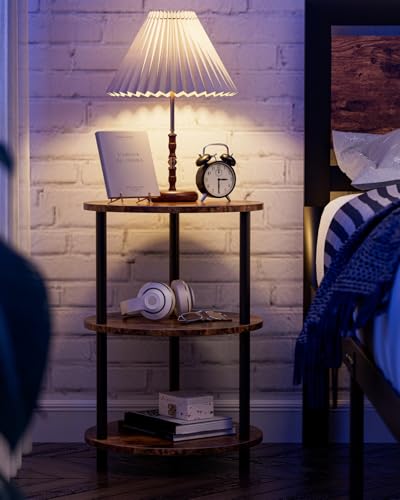 Small Round End Table - 3 Tier Design Accent Table, Narrow Side or Bedside Stand, Industrial Vintage Nightstand for Bedroom,