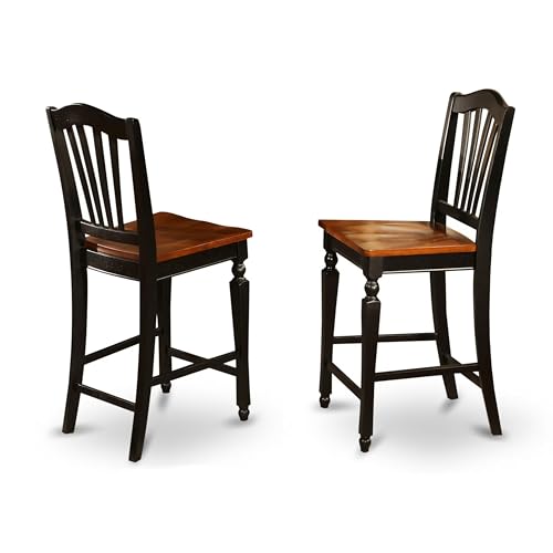 CHS-BLK-W Chelsea Counter Height Barstools - Slat Back Wooden Seat Chairs, Set of 2, Black & Cherry