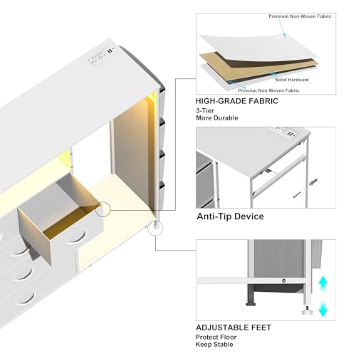 Dresser for Bedroom with Clothes Rack Side Pockets White 5 Drawers Dresser with Charging Station LED Lights Sturdy Steel Frame