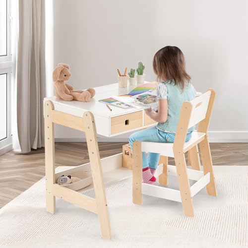 Kids Wooden Table and Chair Set, Study Desk and Chair Set with Storage Drawer, White Learning Table with Cabinets for Boys and