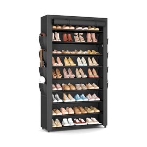 Shoe Rack with Cover, 10 Tier Shoe Organizer Storage for 40-50 Pairs Sneaker and Boots, Large Capacity, with 8 Pockets, Free