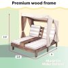 Wooden Outdoor Double Chaise Lounge with Cup Holders, Patio Furniture for Kids or Pets, Espresso with Oatmeal and White Striped