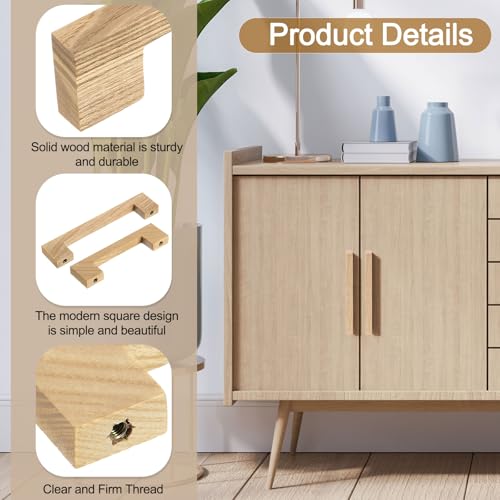 10Pcs Wood Drawer Pulls, 8 Inch Hole Center Square Wooden Drawer Pulls Cabinet Handles with Screws for Kitchen Dresser Wardrobes