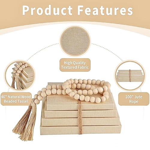 Linen Covered Decorative Books 4 Pieces, Neutral Home Decor Coffee Table Books with Wooden Beaded Tassel, Stacked Books for