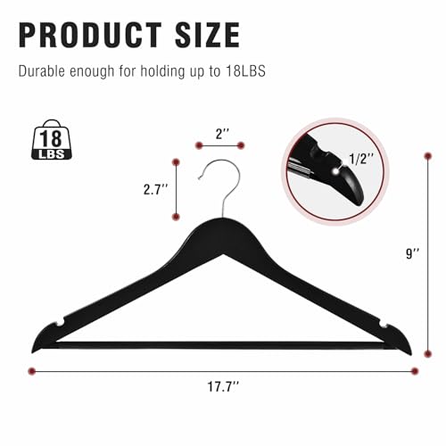 Solid Natural Wooden Suit Hangers Heavy Duty, 10/20 Pack Smooth Finish Coat Hangers with Non-slip Pant Bar, Precisely Cut