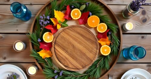 13.8 Inch Wooden Serving Tray,Round Wooden Decorative Serving Tray for Coffee Table and Home Decor, Round Wood Trays for Table
