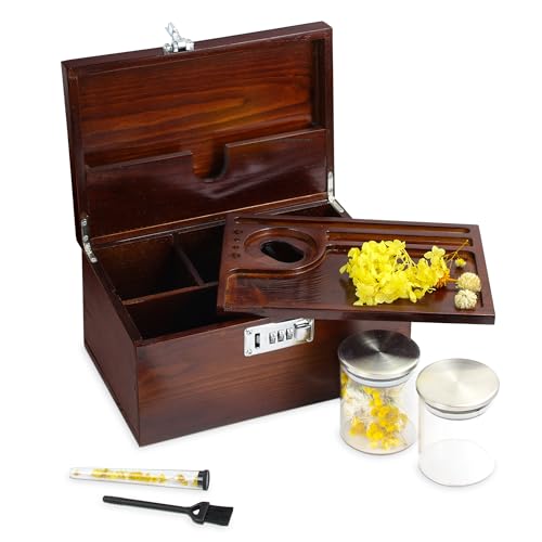 Large Kit - Wooden Storage Box with Decorative Tray & Lock, 2 Jars. Decorative Box for Home Gifts Locking Storage - Unique Gift