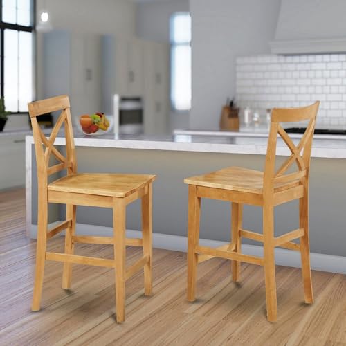 PBS-OAK-W Pub Counter-Height Bar Stool - Pub Height Kitchen Chairs, Set of 2, Oak