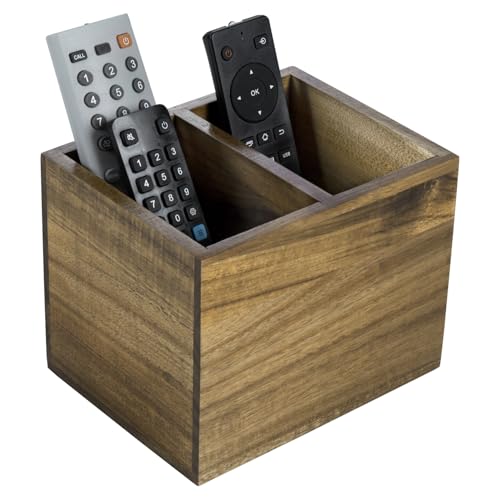 Premium Acacia Solid Wood Tabletop TV Remote Control Holder with 2 Slots, Rustic Wooden Universal Remotes Storage Box, Sofa
