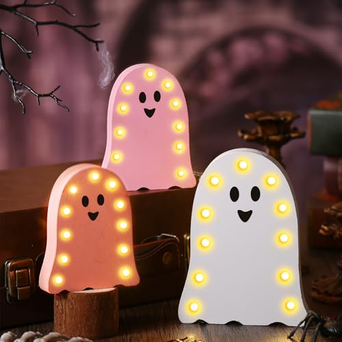 3 Pcs Halloween Ghost Light Decor Halloween LED Marquee Light Up Wooden Signs Pink Ghost Table Centerpiece Decor for Indoor