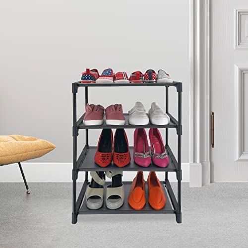 4 Tiers Small Shoe Rack,Narrow Stackable Shoe Shelf Organizer,Sturdy Shoe Stand, Non-Woven Fabric Metal Shoe Racks for Entryway,