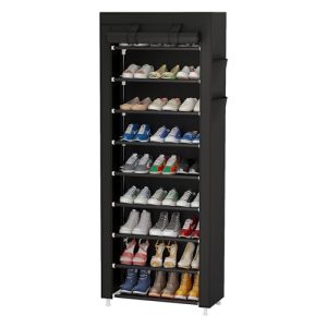 9 Tier Shoe Rack Organizer,Portable Shoe Shelf with Nonwoven Fabric Cover for Closet Hallway,Bedroom,Entryway,Black