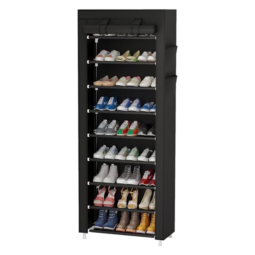 9 Tier Shoe Rack Organizer,Portable Shoe Shelf with Nonwoven Fabric Cover for Closet Hallway,Bedroom,Entryway,Black