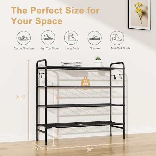 4-Tier Shoe Rack 33" Wide Metal Shoe Organizer Long Shoe Storage with 4 Side Hooks Sturdy Shoes Shelf for Closet, Front Door
