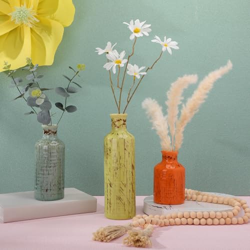 5 Pcs Rustic Country Tabletop Centerpieces Decor Set of 3 Boho Ceramic Vases with Wooden Serving Tray Wood Bead Garland Tassels