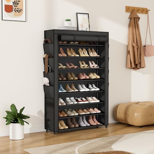 Shoe Rack with Cover, 8 Tier Tall Shoe Organizer Storage for 36-45 Pair Shoes and Boots Large Shoe Storage Shelf Free Standing